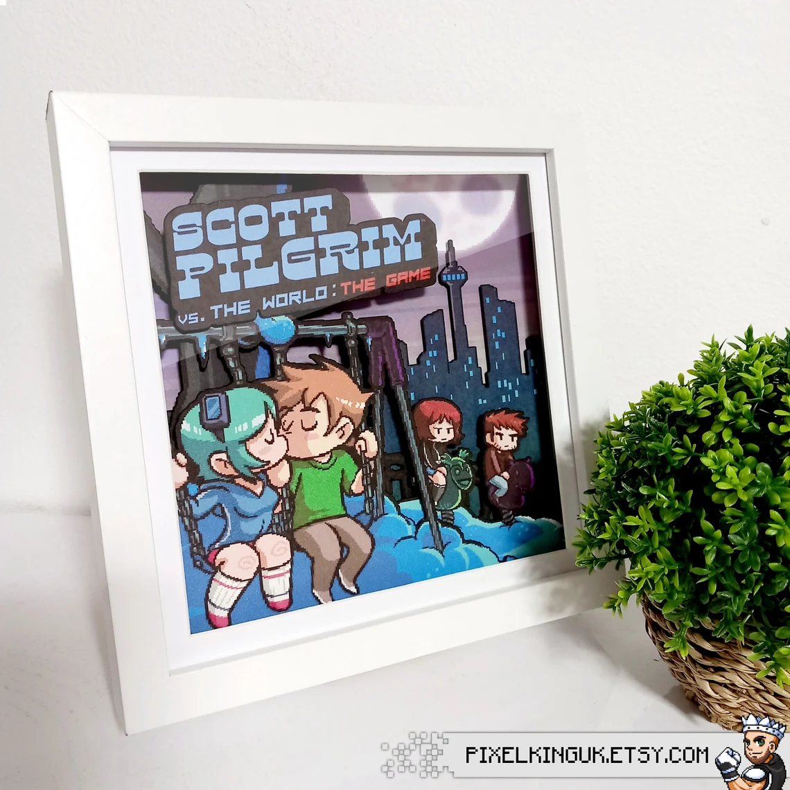 scott pilgrim pixel art shadow box with white frame