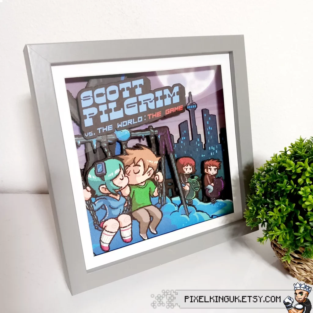 scott pilgrim pixel art shadow box with grey frame