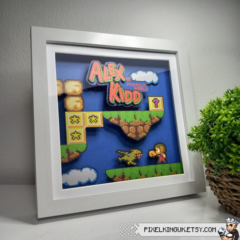 Alex Kidd pixel art in a white frame