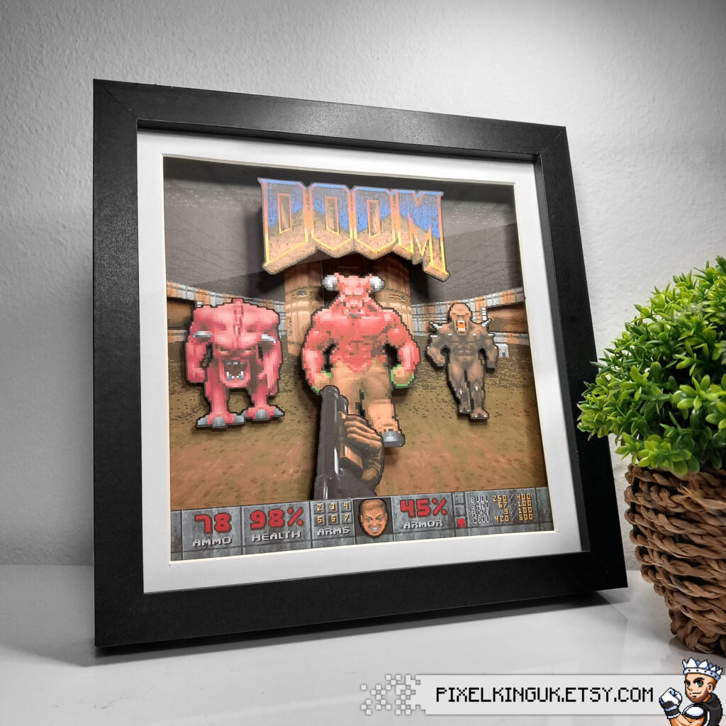 Doom pixel art in a black frame