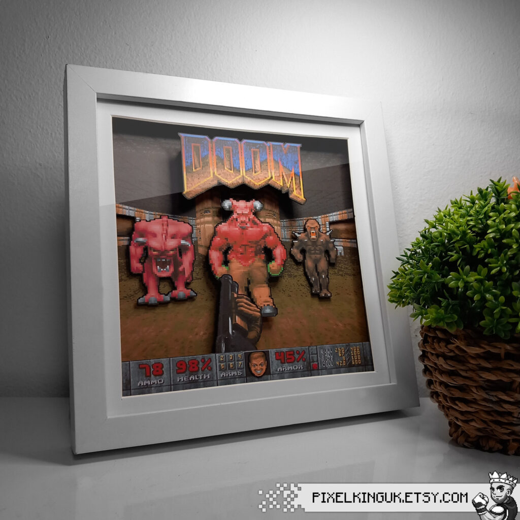 Doom shadow box in a white frame