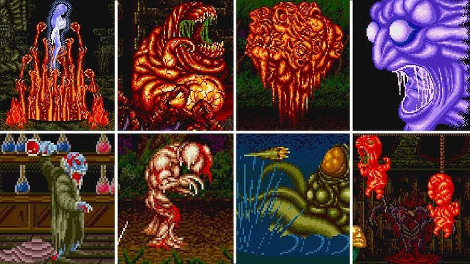 Collage of Splatterhouse 2 monster designs, showcasing gory and grotesque creatures